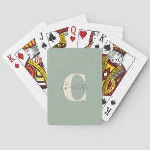 Elegant Modern Monogram Name in Sage Green Playing Cards