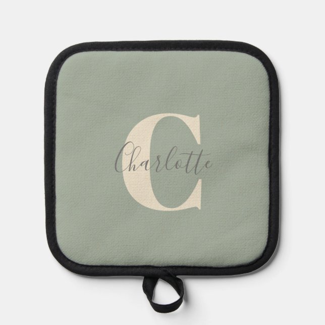 Elegant Modern Monogram Name in Sage Green  Pot Holder (Front)