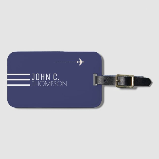 Elegant & Modern Monogram on Blue Travel Luggage Tag (Front Horizontal)