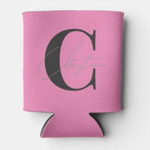 Elegant Modern Monogram Pink and Black Can Cooler