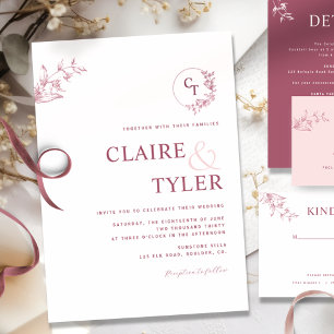 Elegant Modern Monogram Pink, Burgundy Wedding Invitation