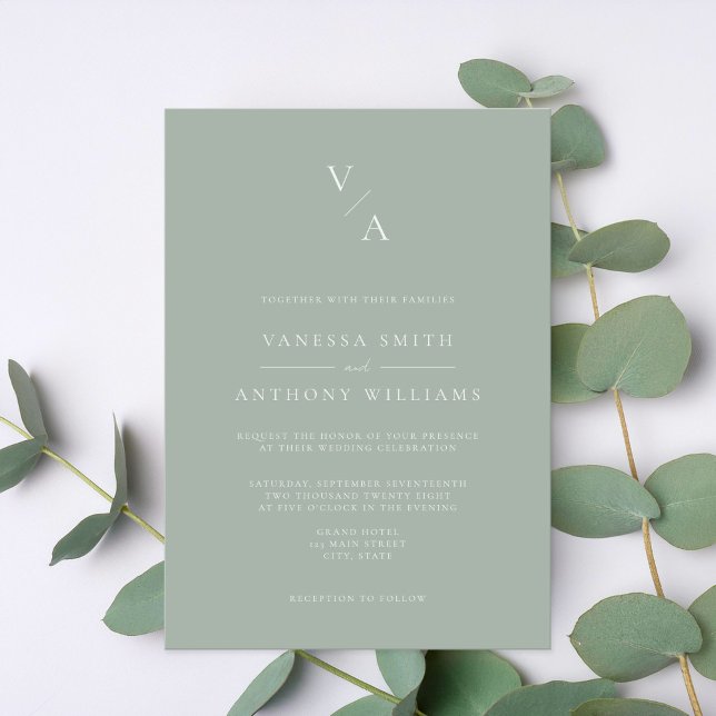 Elegant Modern Monogram Sage Green Wedding Invitation (Creator Uploaded)