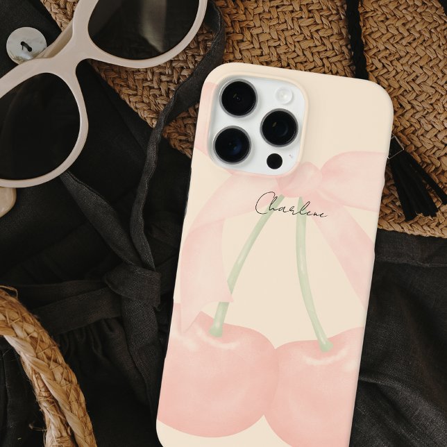 Elegant Modern Monogram Stylish Cherries Pink Bow Case-Mate iPhone Case (Creator Uploaded)