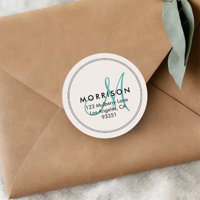 Elegant Modern Monogram Teal Return Address Classic Round Sticker (Creator Uploaded)