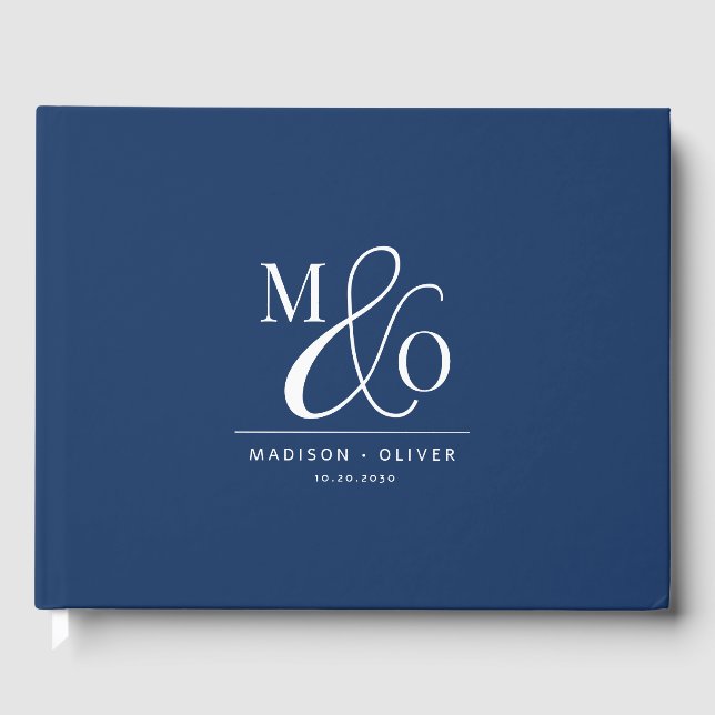 Elegant Modern Monogram Wedding Navy Blue Guest Book (Front)