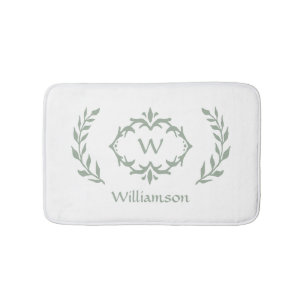Elegant Modern Monogram Wreath Sage Green White Bath Mat