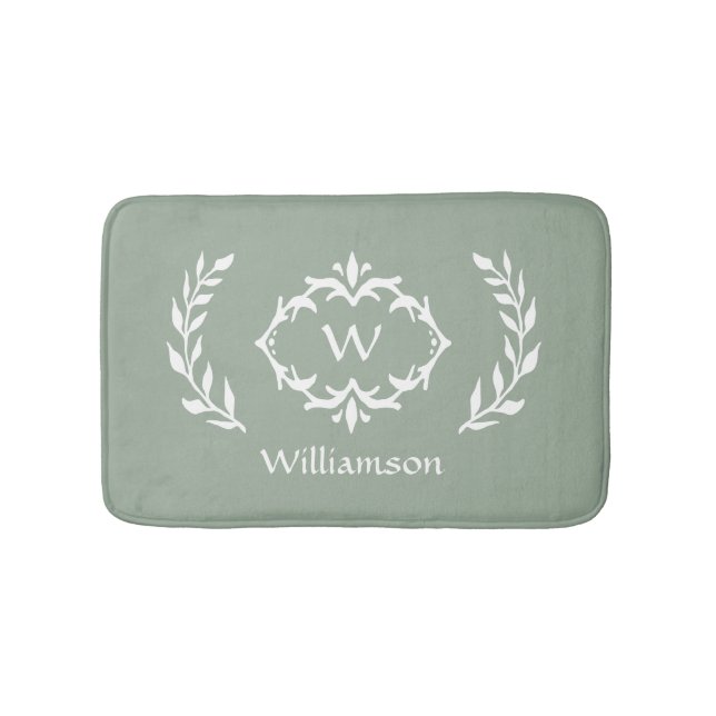 Elegant Modern Monogram Wreath Sage Green White  Bath Mat (Front)