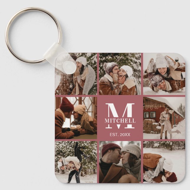 Elegant Modern Monogrammed Couple Photo Collage Key Ring (Front)