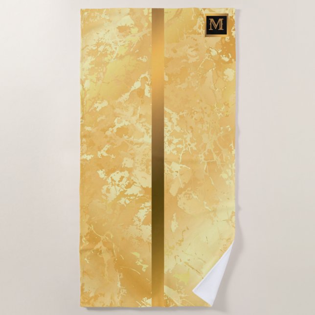 Elegant Modern Monogrammed Marble Black Gold Beach Towel (Front)