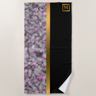 Elegant Modern Monogrammed Marble Black Gold Beach Towel