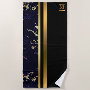 Elegant Modern Monogrammed Marble Black Gold Beach Towel