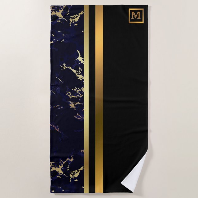 Elegant Modern Monogrammed Marble Black Gold Beach Towel (Front)