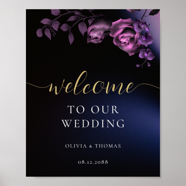 Elegant Modern Moody Black Purple Floral Wedding Poster (Front)