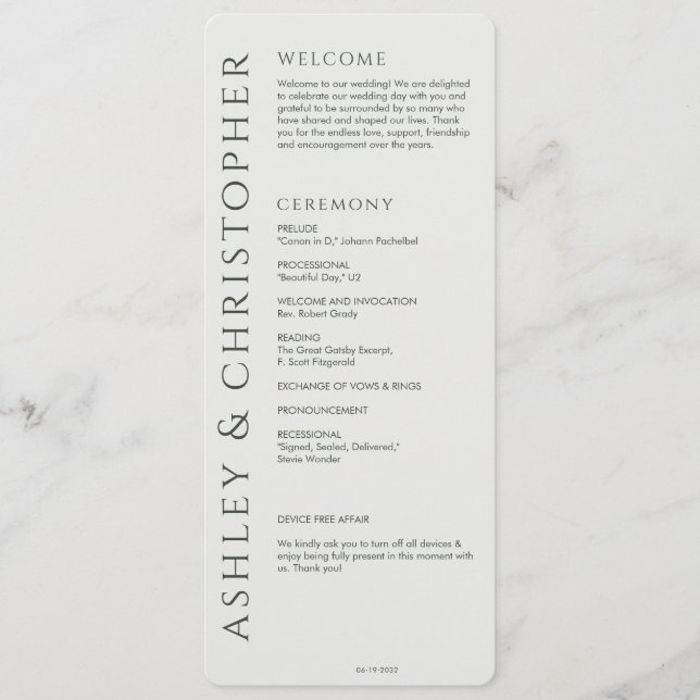 Elegant Modern Moss Green Wedding Program (Front)