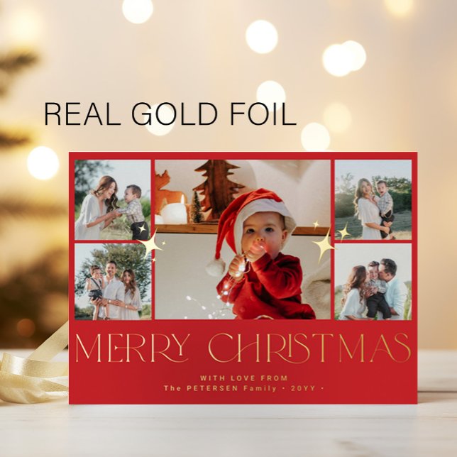 Elegant modern multi photo collage Merry Christmas Foil Holiday Card (Creator Uploaded)