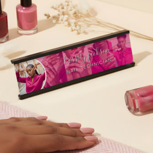 Elegant Modern Nail Technician Script Name Photo Desk Name Plate