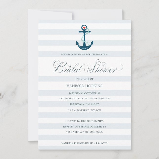 Elegant Modern Nautical Anchor Bridal Shower Invitation (Front)