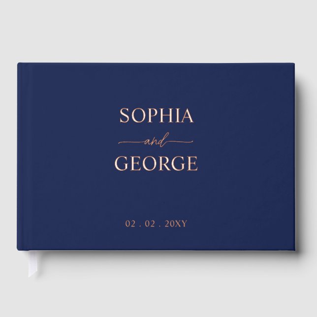 Elegant Modern Navy and Rose Gold Wedding Guest Book (Front)