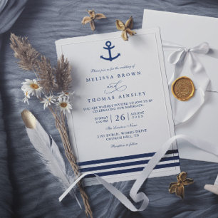 Elegant Modern Navy Blue Anchor Nautical Wedding Invitation