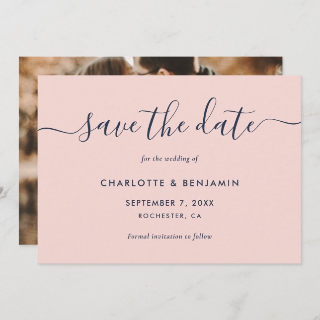Elegant Modern Navy Blue and Blush Photo Wedding Save The Date (Front/Back)