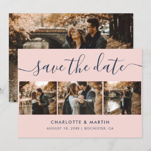 Elegant Modern Navy Blue and Blush Wedding 4 Photo Save The Date