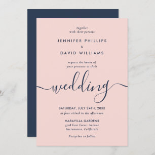 Elegant Modern Navy Blue and Blush Wedding Invitation
