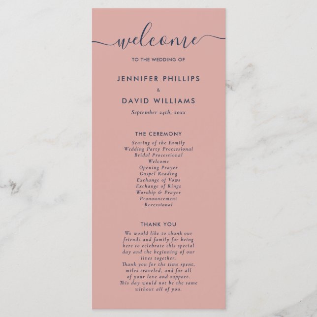 Elegant Modern Navy Blue and Blush Wedding Program (Front)