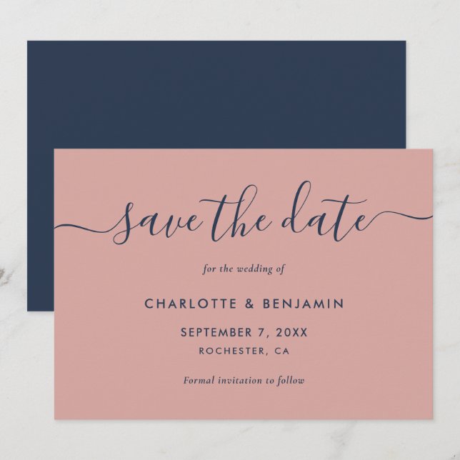 Elegant Modern Navy Blue and Blush Wedding Save The Date (Front/Back)