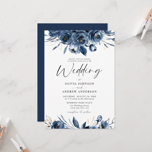 Elegant Modern Navy Blue and Silver Floral Wedding Invitation (Front/Back In Situ)