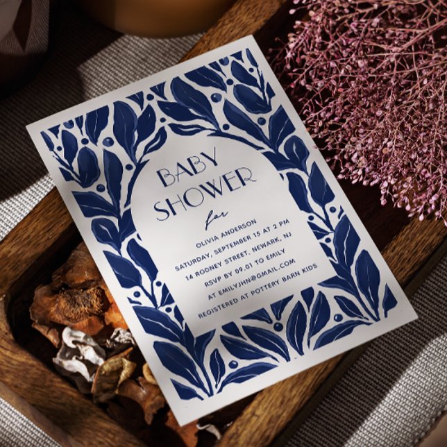 Elegant modern navy blue floral oil baby shower invitation (Creator Uploaded)