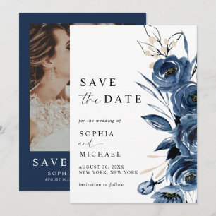 Elegant Modern Navy Blue Floral & Photo Wedding Save The Date