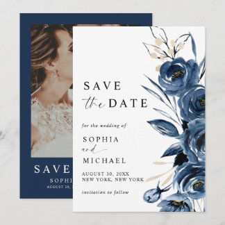 Elegant Modern Navy Blue Floral & Photo Wedding Save The Date