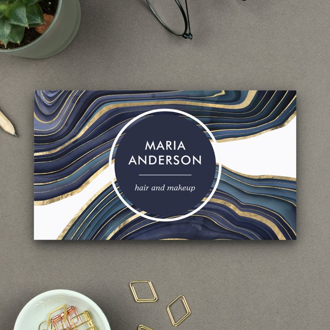 Elegant Modern Navy Blue Gold Agate Geode Gemstone Business Card (Creator Uploaded)