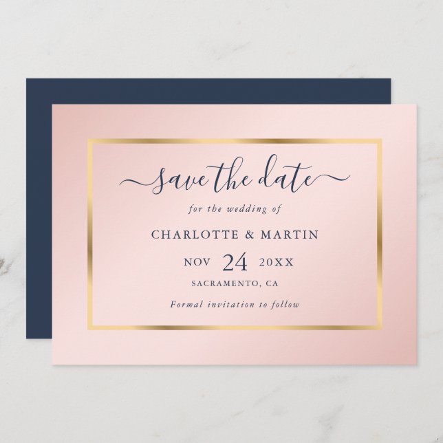 Elegant Modern Navy Blue Gold Blush Wedding Save The Date (Front/Back)