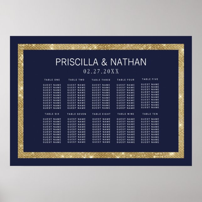 Elegant Modern Navy Blue Gold Sequin Seating Chart (Front)