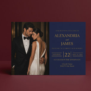 Elegant Modern Navy Blue Photo Wedding Invitation