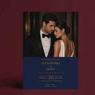 Elegant Modern Navy Blue Photo Wedding Invitation
