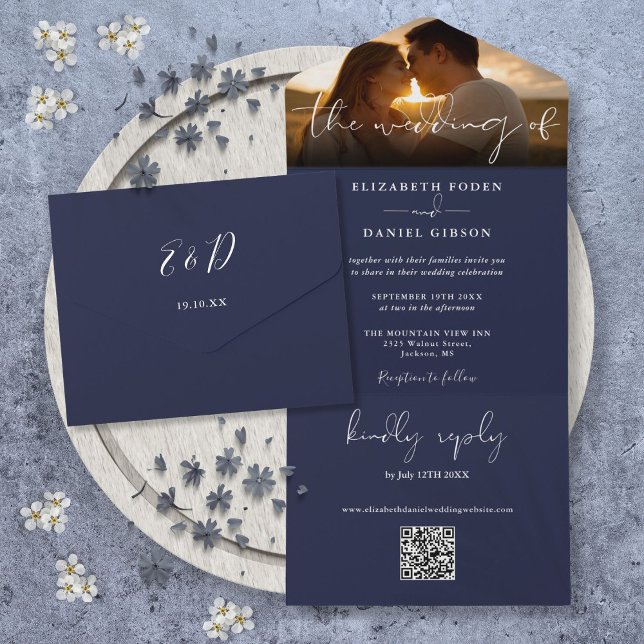 Elegant Modern Navy Blue QR Code Wedding Photo All In One Invitation (Elegant Modern Navy Blue QR Code Wedding Photo All In One Invitation)