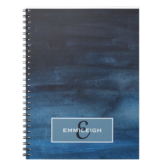 Elegant Modern Navy Blue Watercolor Name Monogram Notebook (Front)