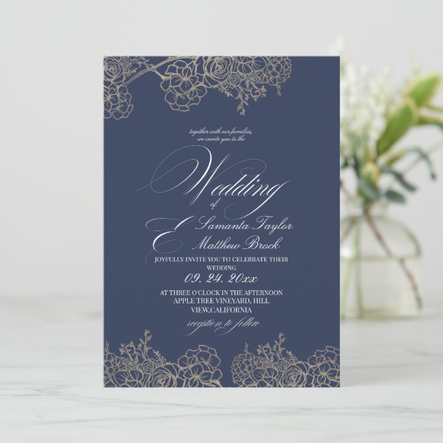 Elegant Modern Navy Blue Wedding  Invitation (Standing Front)