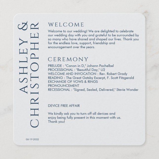 Elegant Modern Navy Blue Wedding Program (Front)