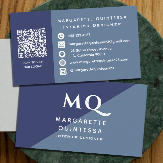 Elegant Modern Navy Blue & White Monogram Qr Code  Business Card (Creator Uploaded)