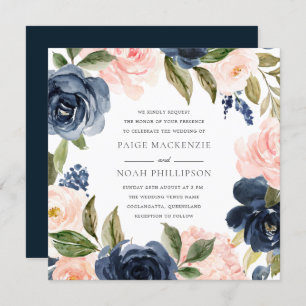Elegant Modern Navy Blush Watercolor Wedding Invitation