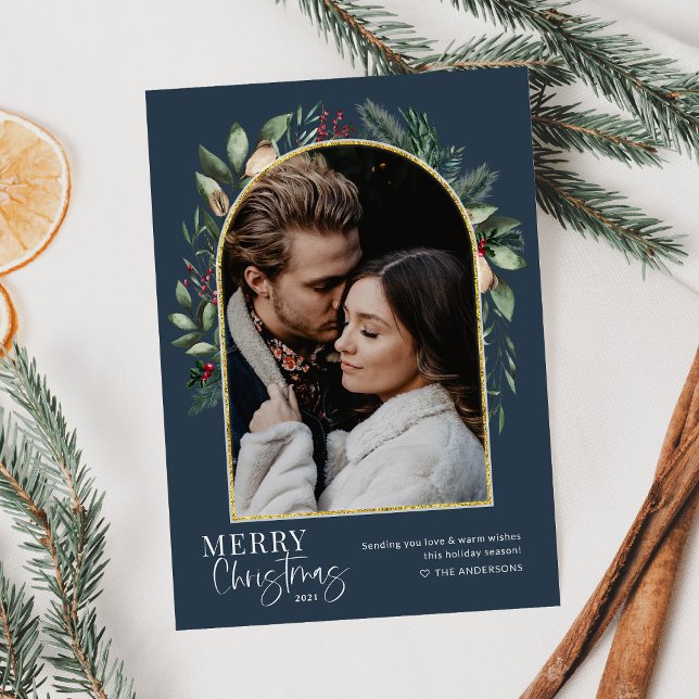Elegant Modern Navy Gold Greenery Arch Photo Holiday Card (Creator Uploaded)