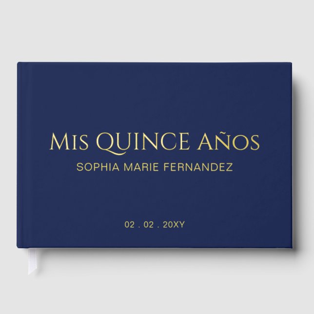 Elegant Modern Navy Gold Photo Quinceañera Guest Book (Front)