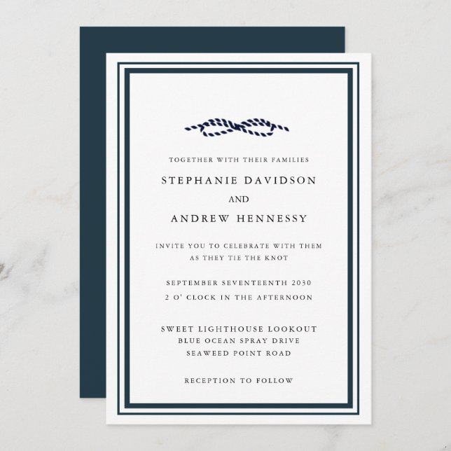 Elegant Modern Navy Nautical Knot Minimalist Invitation (Front/Back)