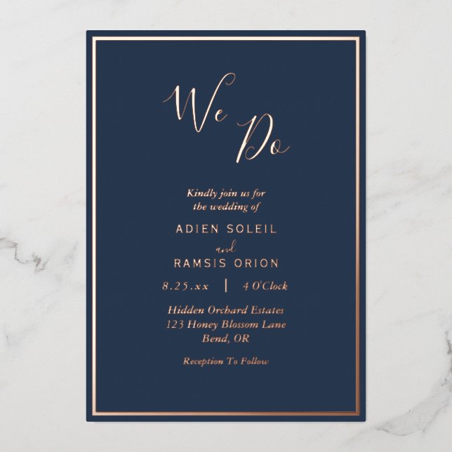 Elegant Modern Navy Rose Gold We Do Wedding (Front)