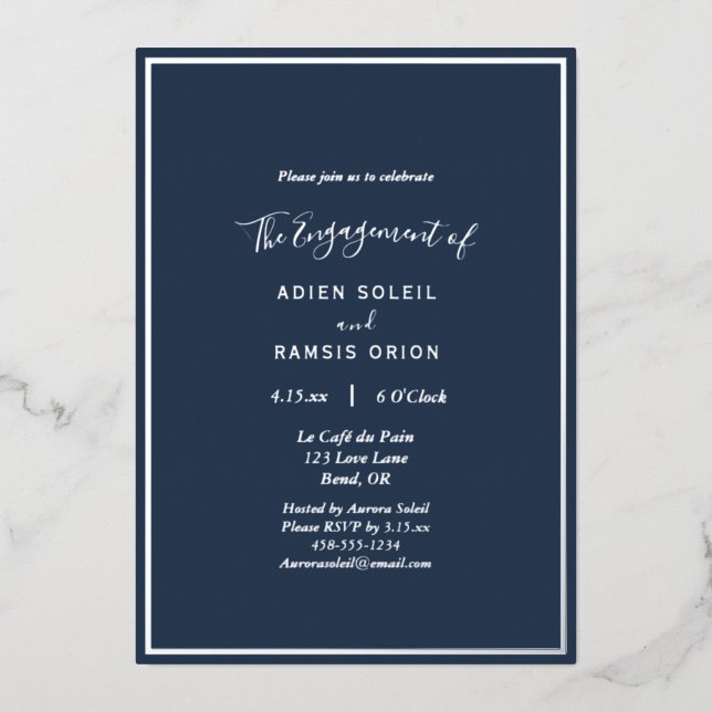 Elegant Modern Navy Silver Engagement Party (Front)