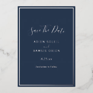 Elegant Modern Navy Silver Foil Save The Date Card