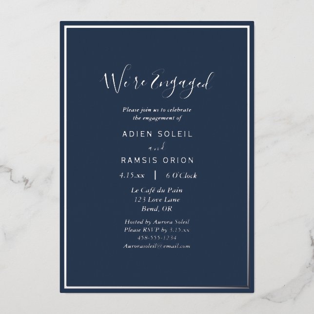 Elegant Modern Navy Silver We're Engaged Party (Front)